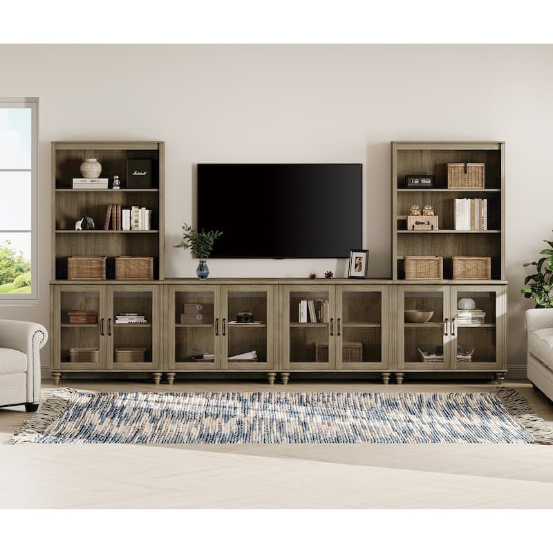Wash Grey Farmhouse TV Stand with Wooden Doors & Drawers