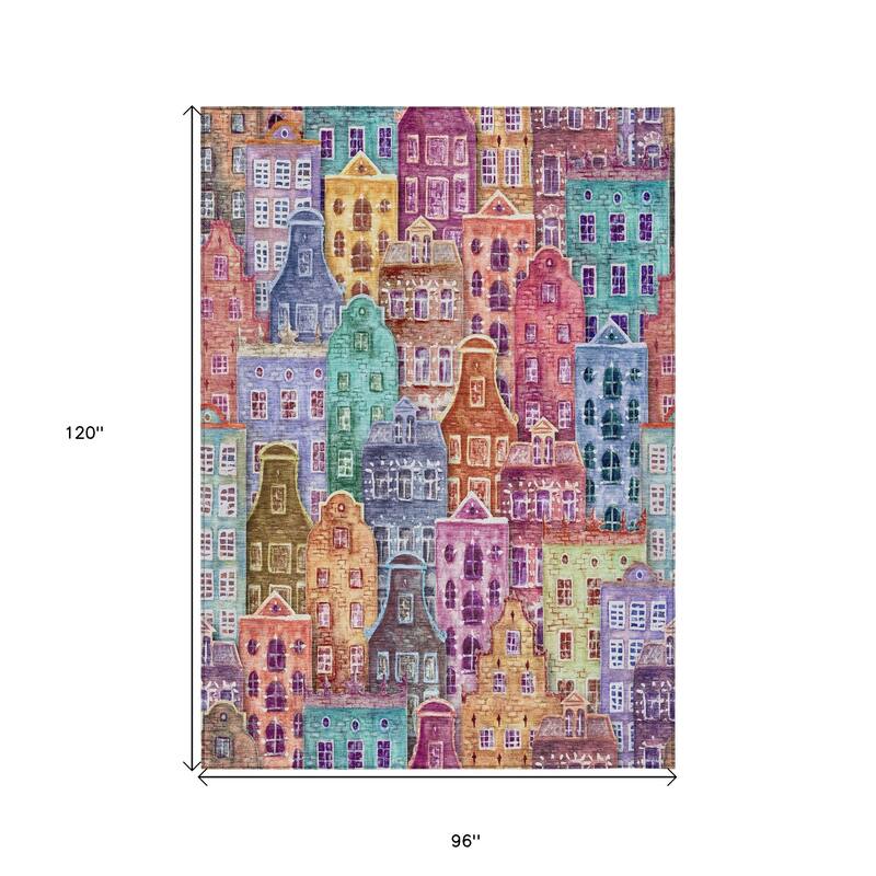 HomeRoots Village Houses Transitional Rectangle Outdoor Rug