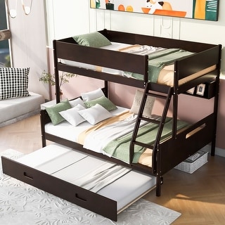 Twin over Full Wood Bunk Bed with Storage Shelves and Twin Size Trundle ...