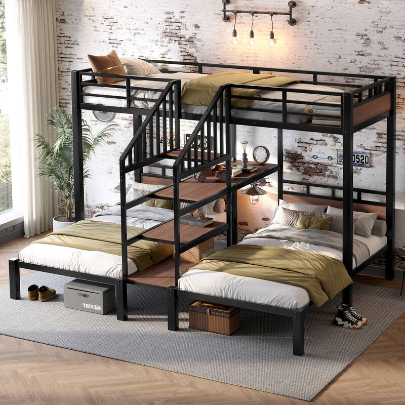 Roomfitters Twin/Queen Metal Triple Bunk Bed with Storage Shelves & Stairs, Space-Saving Heavy-Duty Frame, Black - Black - Twin
