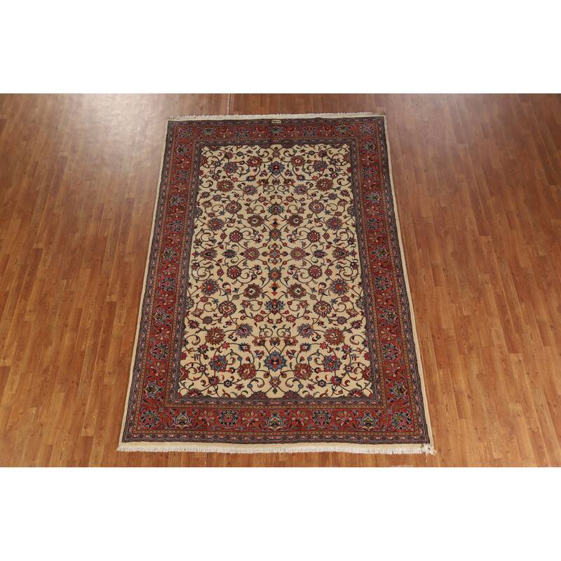 Hand Knotted Oriental 100% Wool Carpet Traditional All-Over Beige & Ivories Sarouk Area Rug - 9' 10'' X 6' 7''