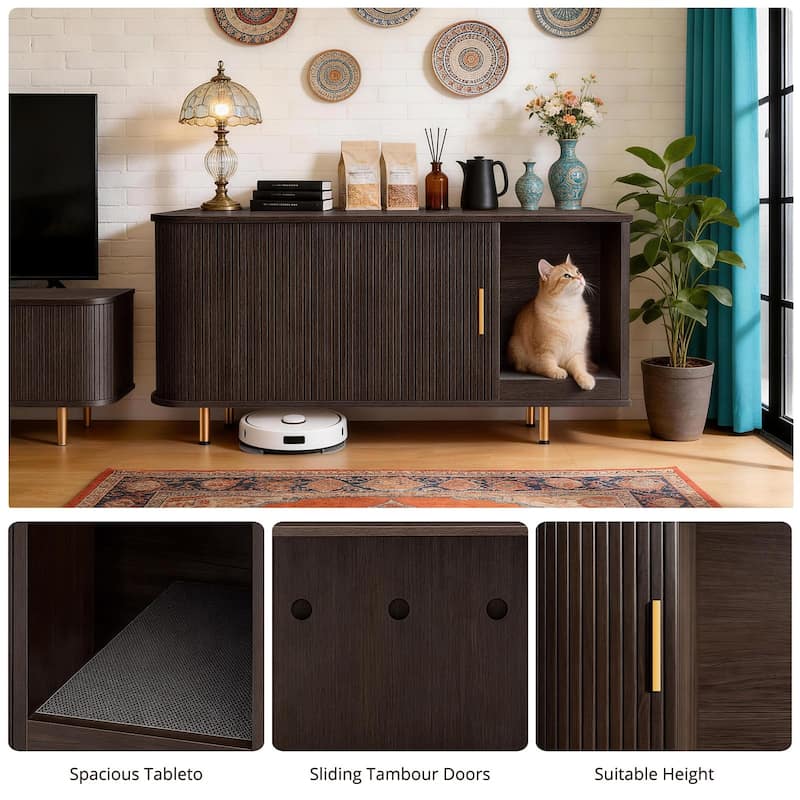 38.5" Cat Litter Box Enclosure with Scratch Pad and Sliding Door,Cat Hidden Litter Box Cabinet,Modern Indoor Cat House,TV Stand