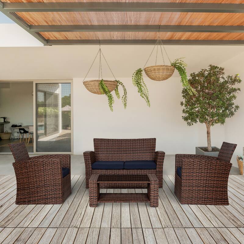 Grandview Outdoor 4-piece Brown Patio Conversation Set with Cushions - Navy Blue