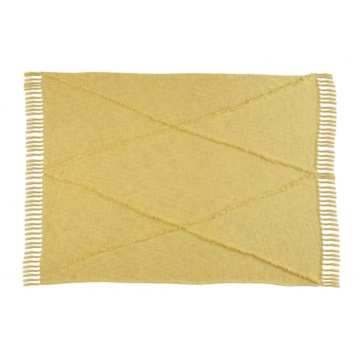 HomeRoots 60" X 50" Yellow Woven Cotton Throw Blanket with Fringe