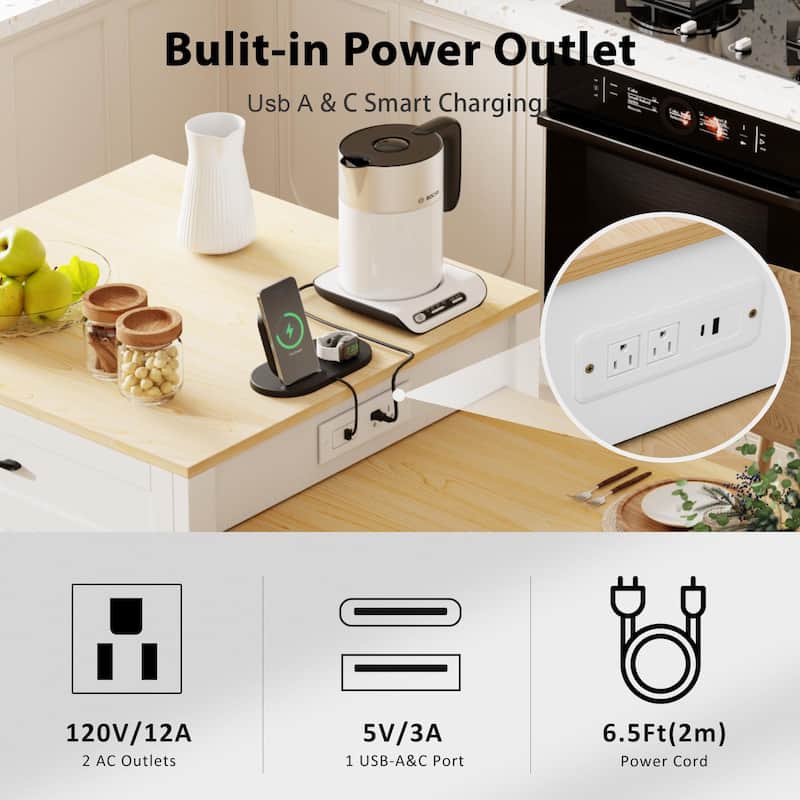 Kitchen Island With Extendable Dining Table For 4-6 Person,Two-tone Kitchen Table with Double-sized Storage,Power Outlet - N/A