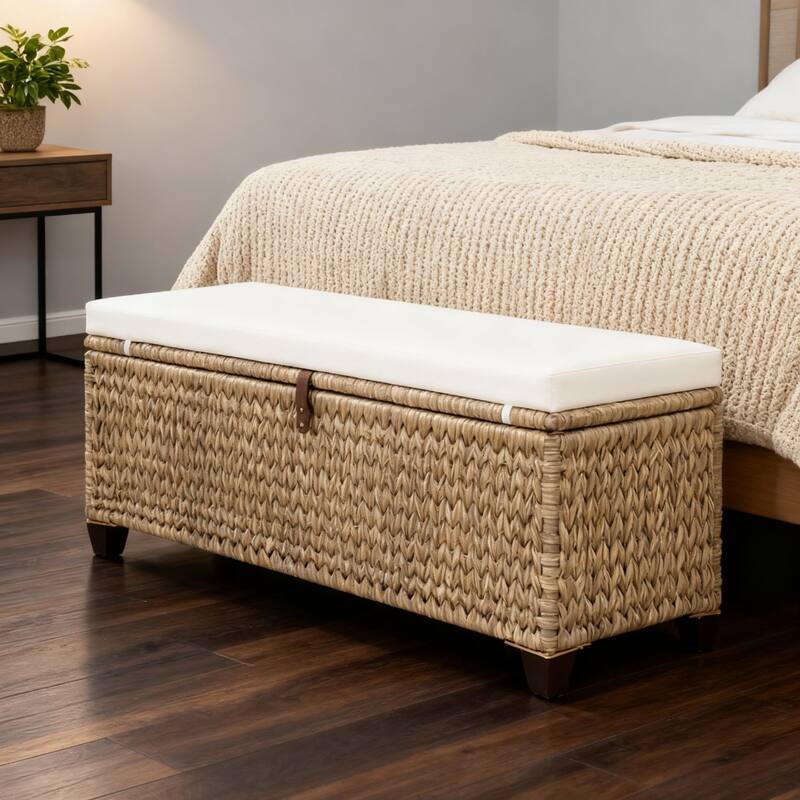 Wicker Storage Bench with Cushion for Bedroom, Living Room, Porch - 18.5'' H X 43.3'' W X 18.5'' D - Tan