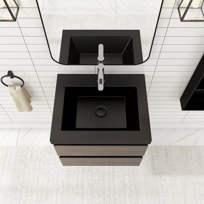 24/30/36 inch Wall-Mounted Bathroom Vanity Set in Grey Oak with Integrated Black Resin Sink