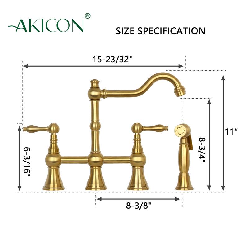 Two-Handles Bridge Kitchen Faucet with Side Sprayer 8-3/8 Inch High Arc