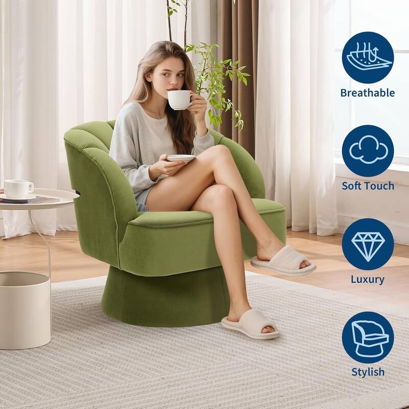 Modern Swivel Barrel Accent Chair, 360° Upholstered Armchair with Striped Backrest & Plush Padding