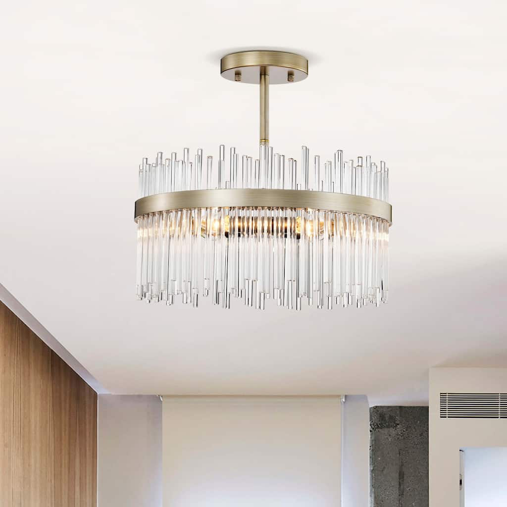 Casandra Brushed Silver-ish Champagne Clear Glass Bars Flush Mount - 17 inches in diameter x 17.3 inches H