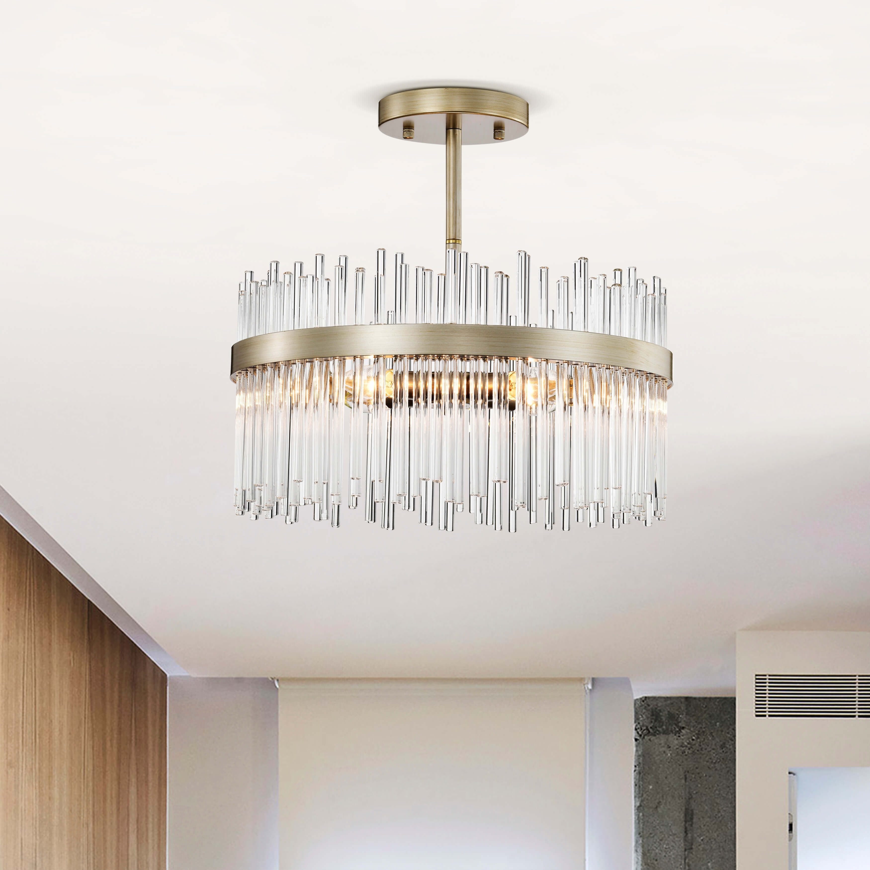 Casandra Brushed Silver-ish Champagne Clear Glass Bars Flush Mount - 17 inches in diameter x 17.3 inches H