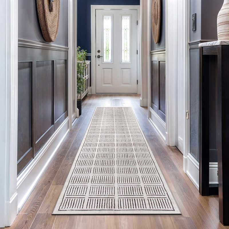 World Rug Gallery Bohemian Stripe Lines Washable Non Slip Area Rug - Ivory - 2'x10' Runner