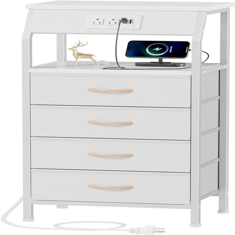 Night Stand with Charging Station Small Bedside Table with Wood Shelf