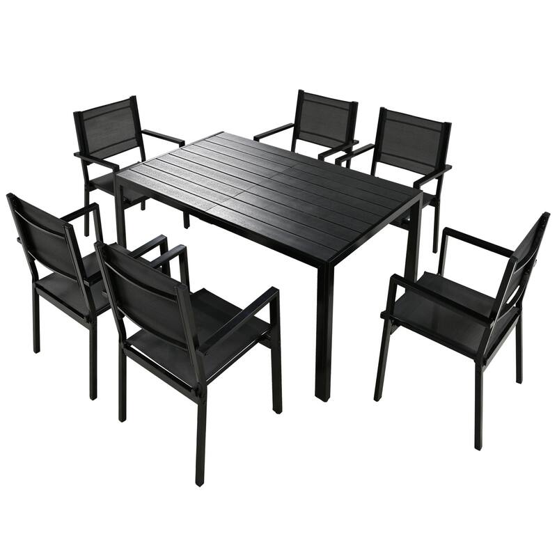 7 Pcs Outdoor Steel Dining Table and Chair Set, All Weather Patio Furniture Set with Rectangular Table and 6 Dining Chair
