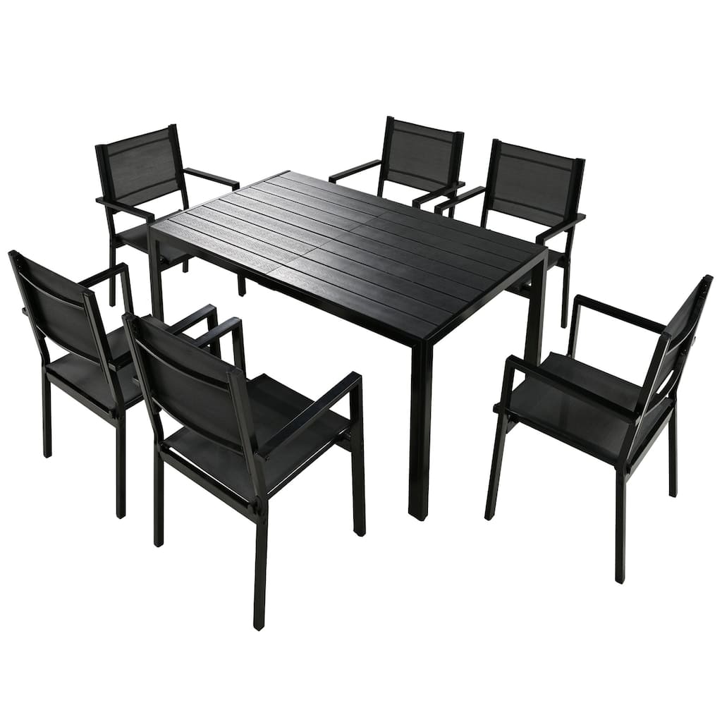 7 Piece Outdoor Dining Set, All Weather Steel Patio Dining Furniture with a Rectangular Table and 6 Chairs