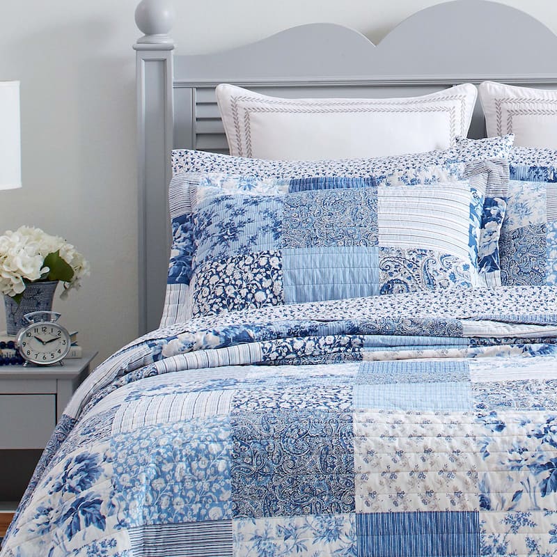 Laura Ashley Paisley Patchwork Cotton Reversible Blue Quilt Set