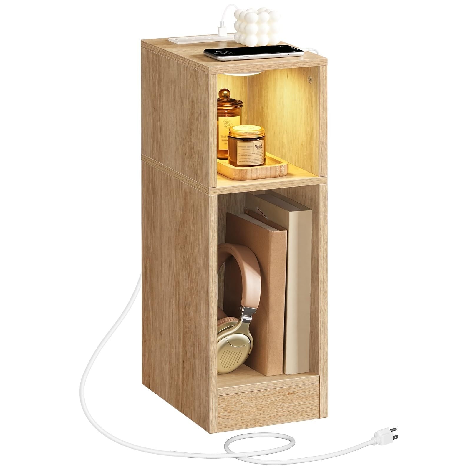 Slim End Table with Charging Station and LED Sensor Light