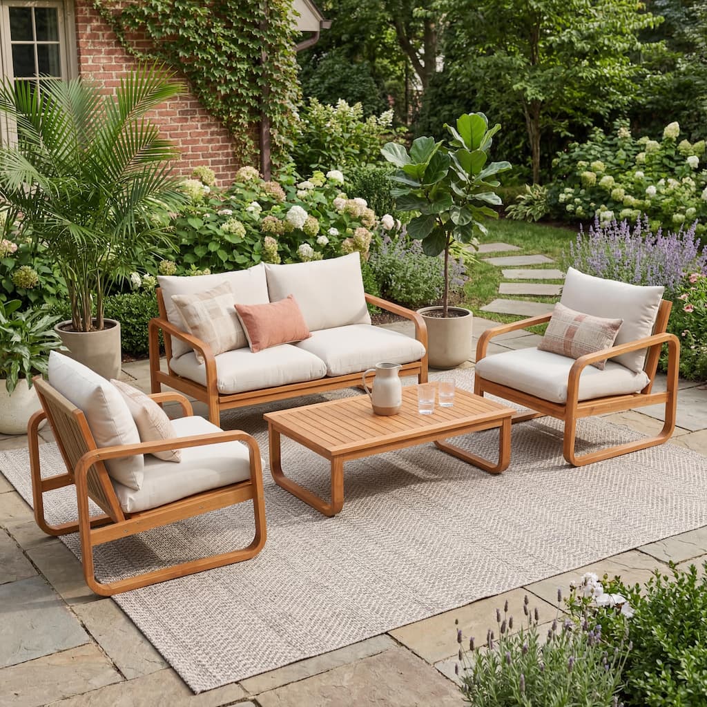 Christopher Knight Home - George 4-Piece Outdoor Acacia Wood Conversation Set with Plush Thick Cushions & Slatted Coffee Table