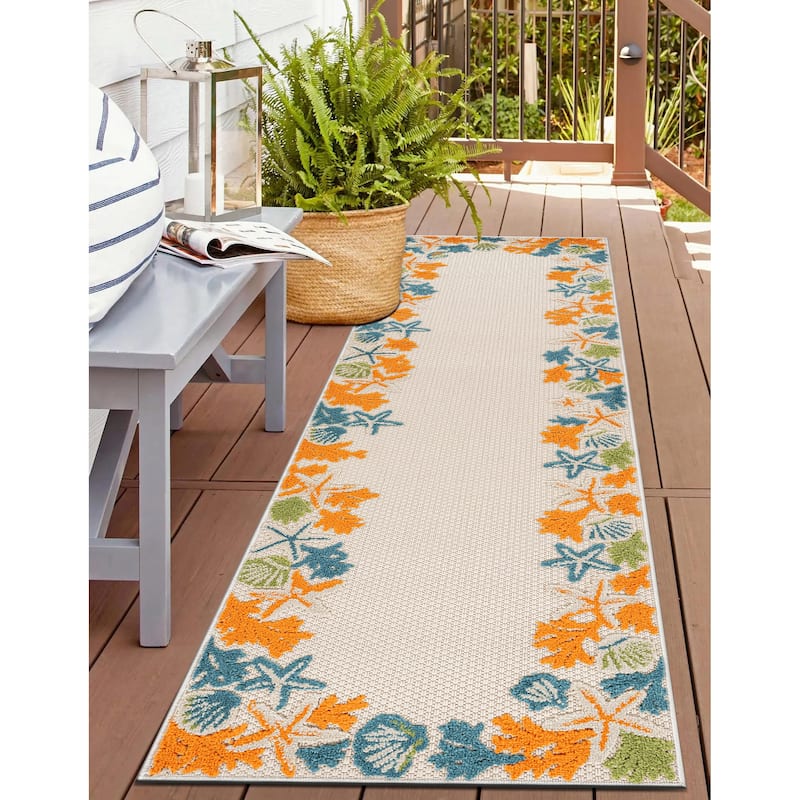 World Rug Gallery Indoor/Outdoor High-Low Textured Area Rug, Coastal Border Easy-Clean Patio Rug - 2' x 7' - Multi