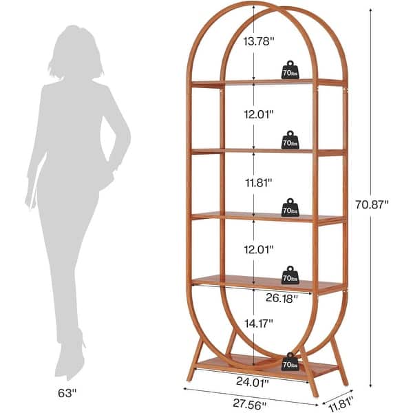dimension image slide 1 of 2, 5 Tiers Arched Bookcase Bookshelf, 70.8 Inches Tall Storage Shelves with Metal Frame