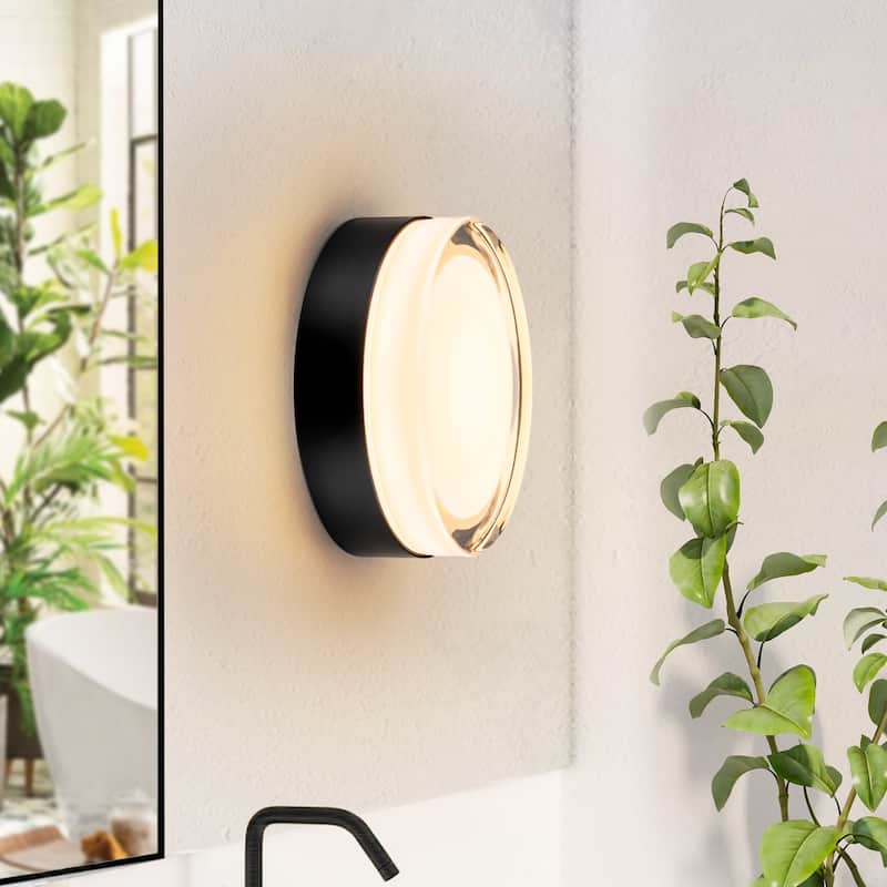 Modern Matte Black Circular Clear Frosted Glass Integrated LED Flush Mount Ceiling Light - 5.9 in. W x 5.9 in. D x 2.2 in. H