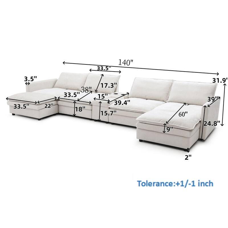 U-shaped Deep Seat Sectional Sofa Chenille Modular Reclining Couch with Storage Console Table, Ottomans and Adjustable Backrest