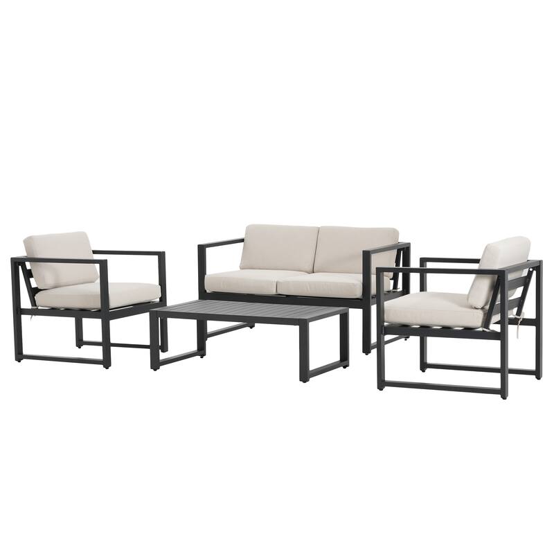 Roomfitters Outdoor Chat Set 4 Piece Aluminum Frame Cushioned Seating Coffee Table, Black Beige