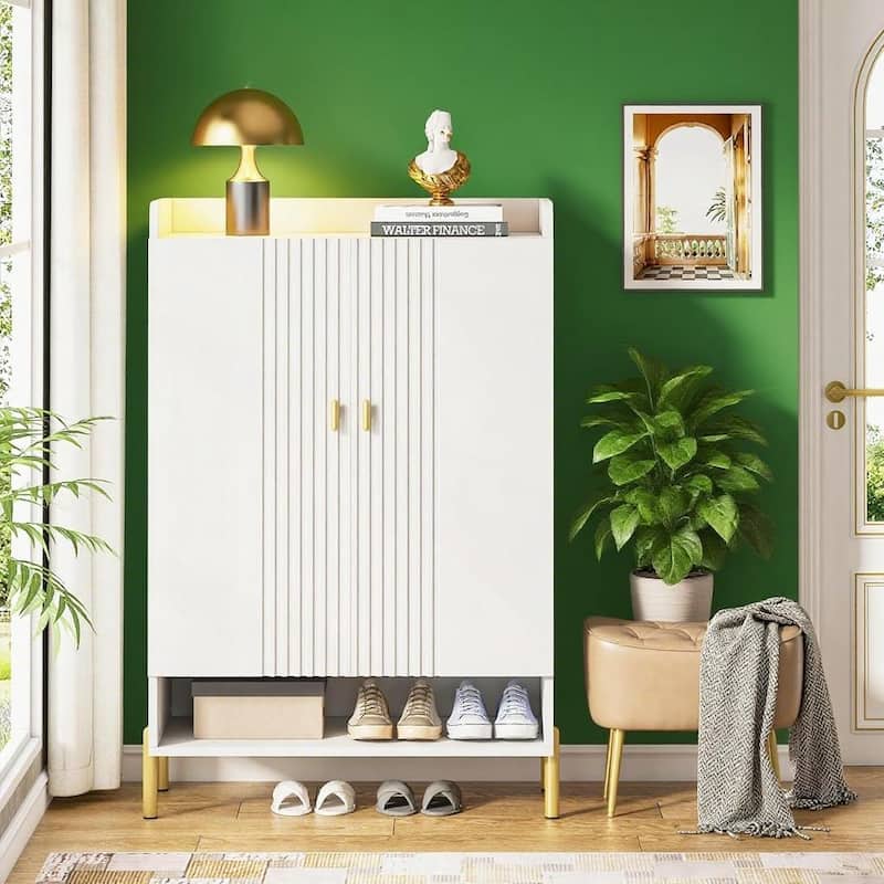 White and Gold 6-Tier Shoe Cabinet with Adjustable Shelves for Entryway or Bedroom Storage - 29.5" W x 13.8" D x 43.3" H
