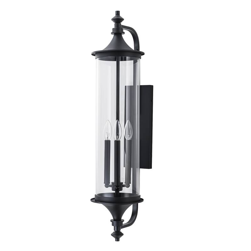 32.7" H 3-Light Industial Black Outdoor Hardwired Wall Lantern Sconce with Cylindrical Clear Glass for Home Outside