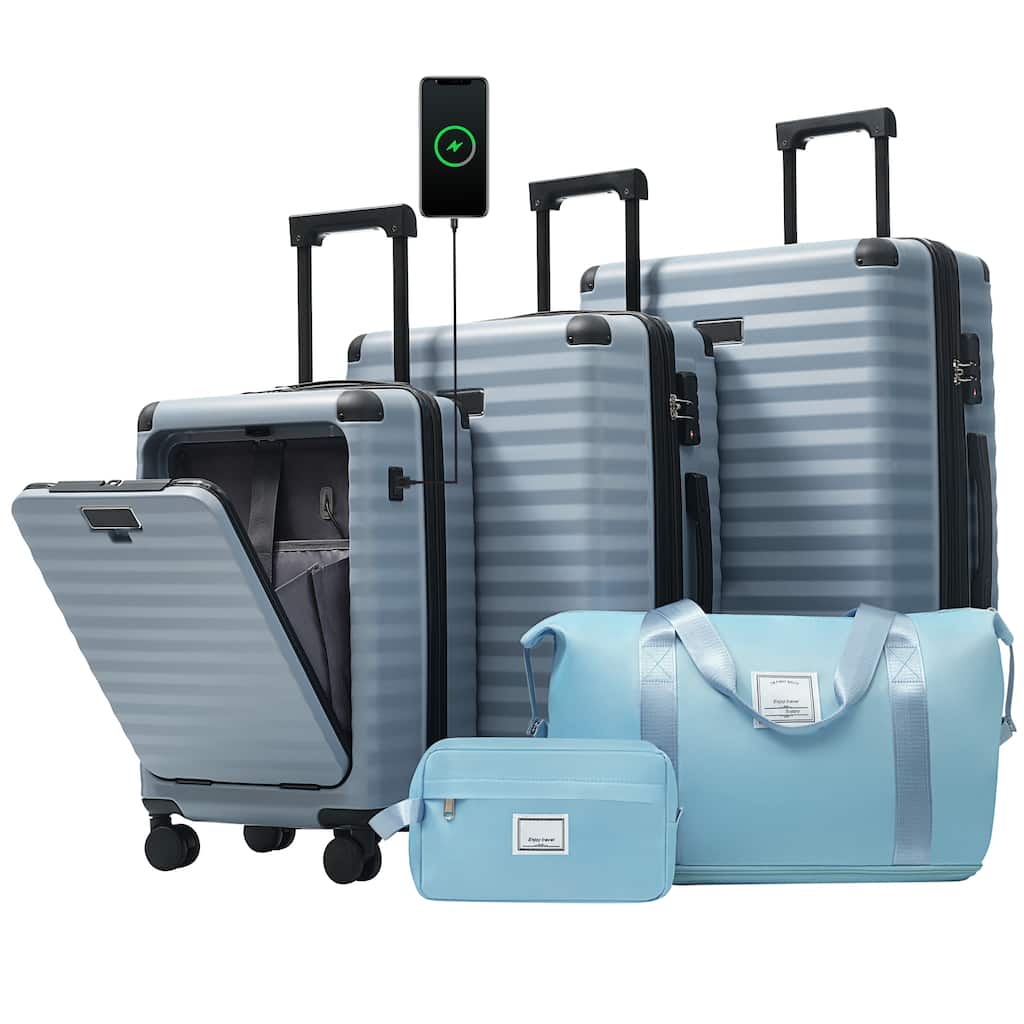 Luggage Sets 5 Piece with Front Opening, Hardside Expandable Carry on Suitcase, with Spinner Wheels, TSA Lock, USB Port