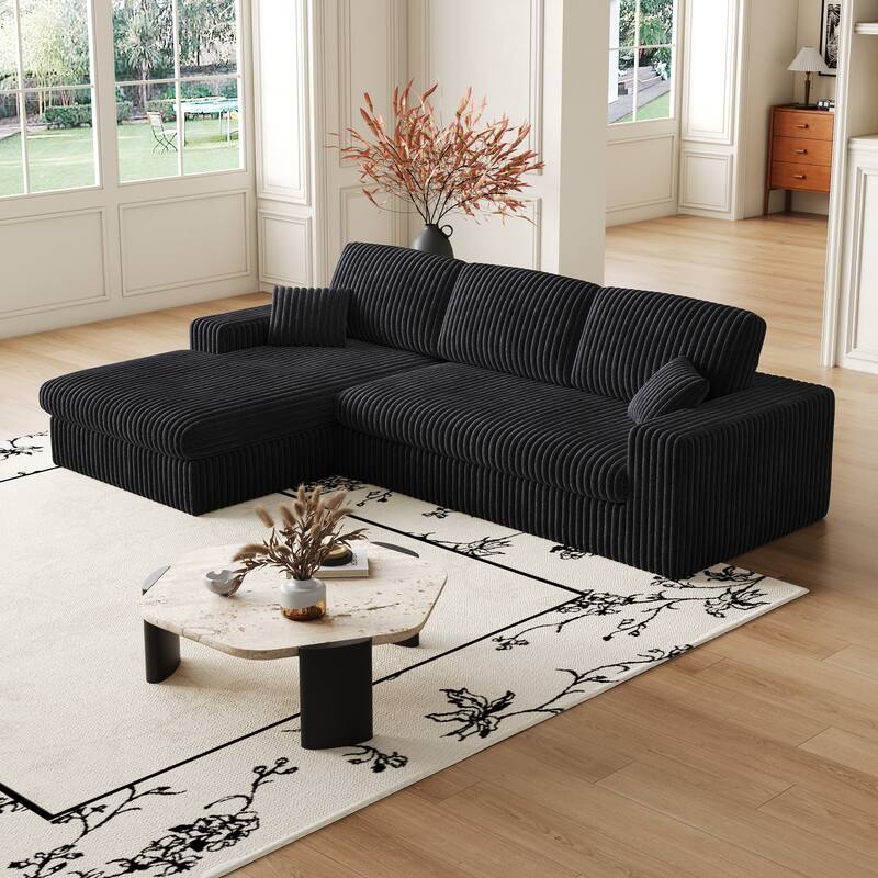 L-Shaped Sectional Sofa with Chaise Lounge, Corduroy Modular Foam Sofa, Upholstered Sofa with 2 Cushion & 2 Throw Pillows