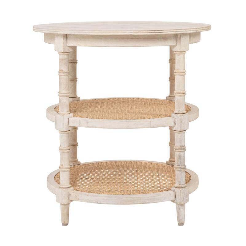 Round Mango Wood Table with 2 Cane Shelves