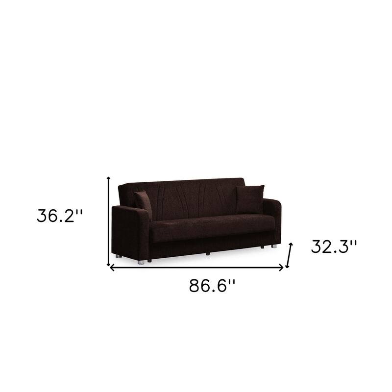 HomeRoots 87" Dark Brown Chenille Convertible Futon Sleeper Sofa And Toss Pillows With Storage