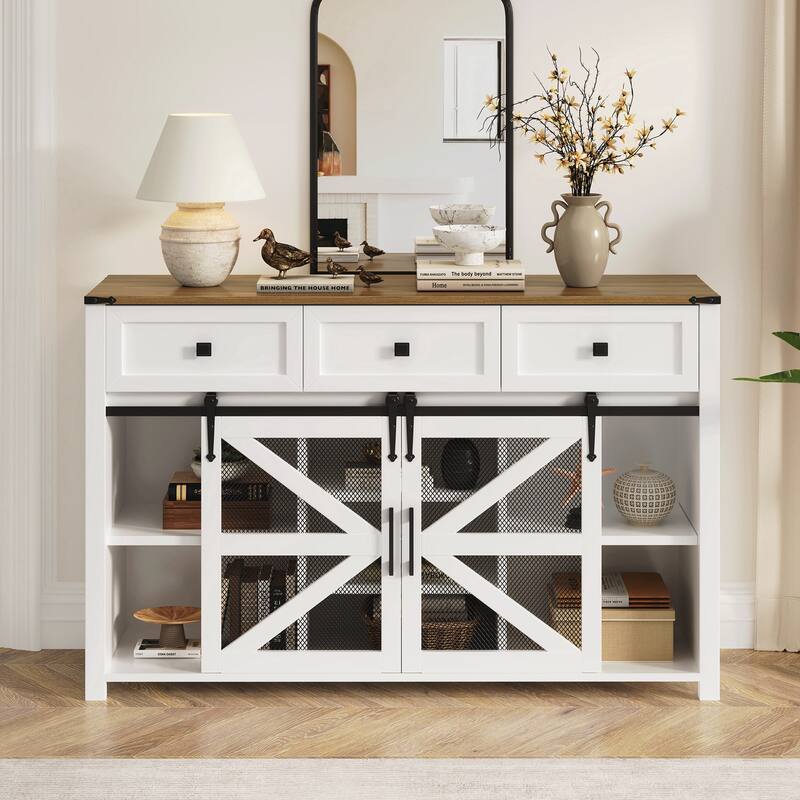 Sliding Barn Door Sideboard Buffet Cabinet with 3 Drawers, Adjustable Shelves - White