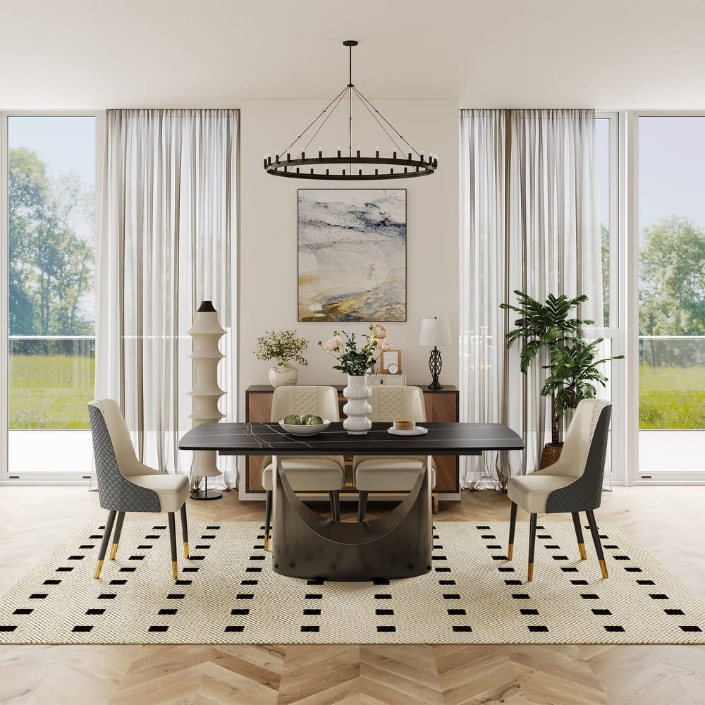 Modern Dining Table with Rectangular Sintered Stone Tabletop, Carbon Steel Leg, Minimalist Kitchen Dining Room Table