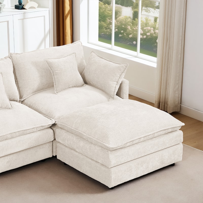 Chenille Chaise Sectional Sofa with Ottoman and 3-layers Cushions