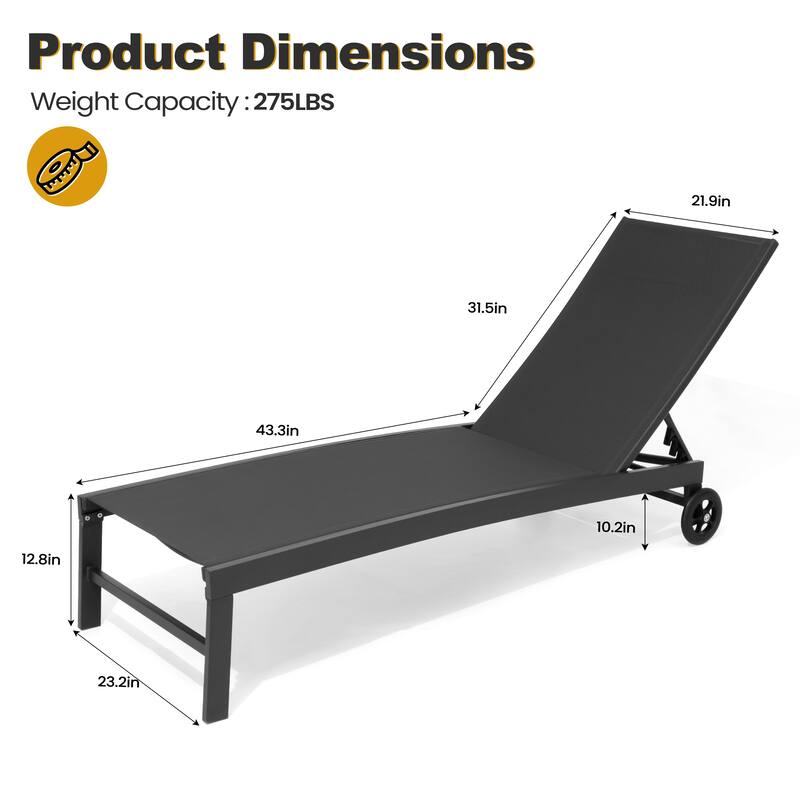 Outdoor Patio Aluminum 5-Position Adjustable Chaise lounge Chairs with Wheels