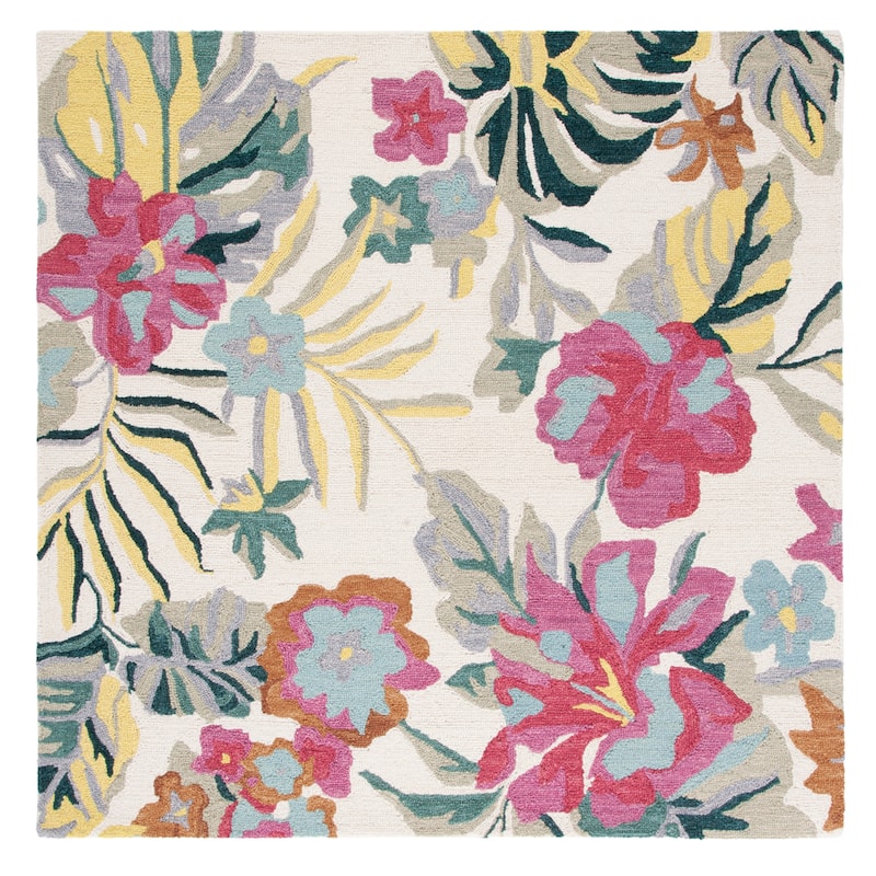 SAFAVIEH Handmade Jardin Cela Floral Wool Rug - 6' Square - Ivory/Pink