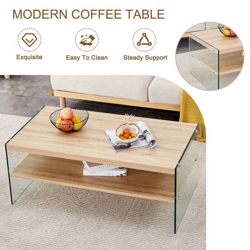 Three-tier side table and bunk coffee table set with wood stickers and clear tempered glass on both sides