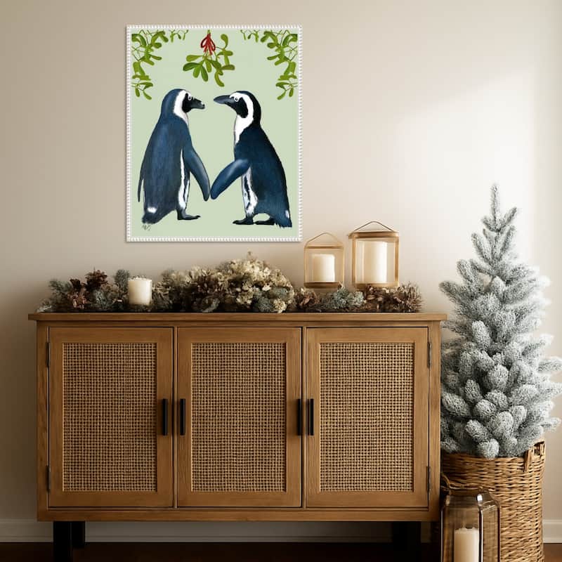 Penguins And Mistletoe by Fab Funky (23 x 28 in.), Framed Canvas Wall Art Print - Sylvie Beaded White