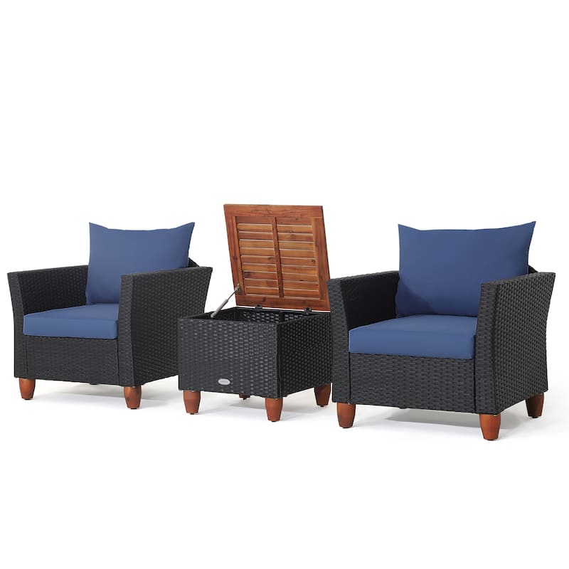 3PCS Patio Rattan Furniture Set Cushioned Sofa with Storage Table - Navy
