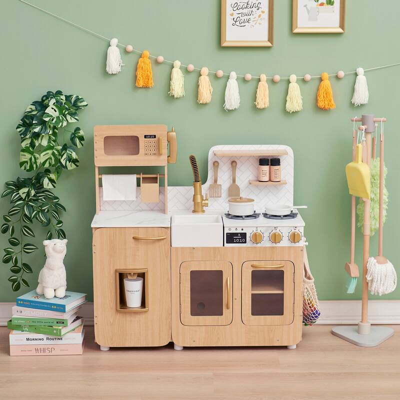 Teamson Kids Little Chef Wooden Play Kitchen for Toddlers, Kitchen Pretend Play with 14 Accessories for Ages 3-5