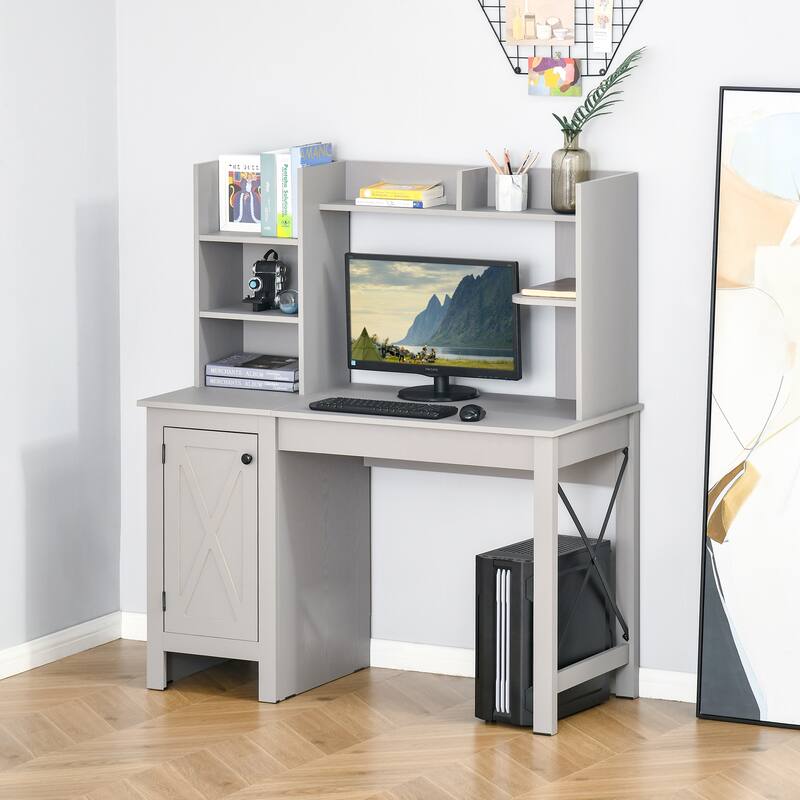 2-in-1 X-brace Barn-style Door Executive Desk with Hutch and Cabinet Home Office Desk with Shelves & Foot Pads