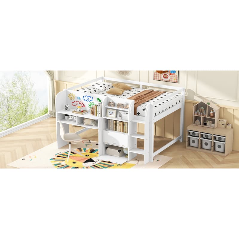 Roomfitters Full Low Loft Bed with Integrated Desk, Bookcase, Cabinets and Whiteboard, White