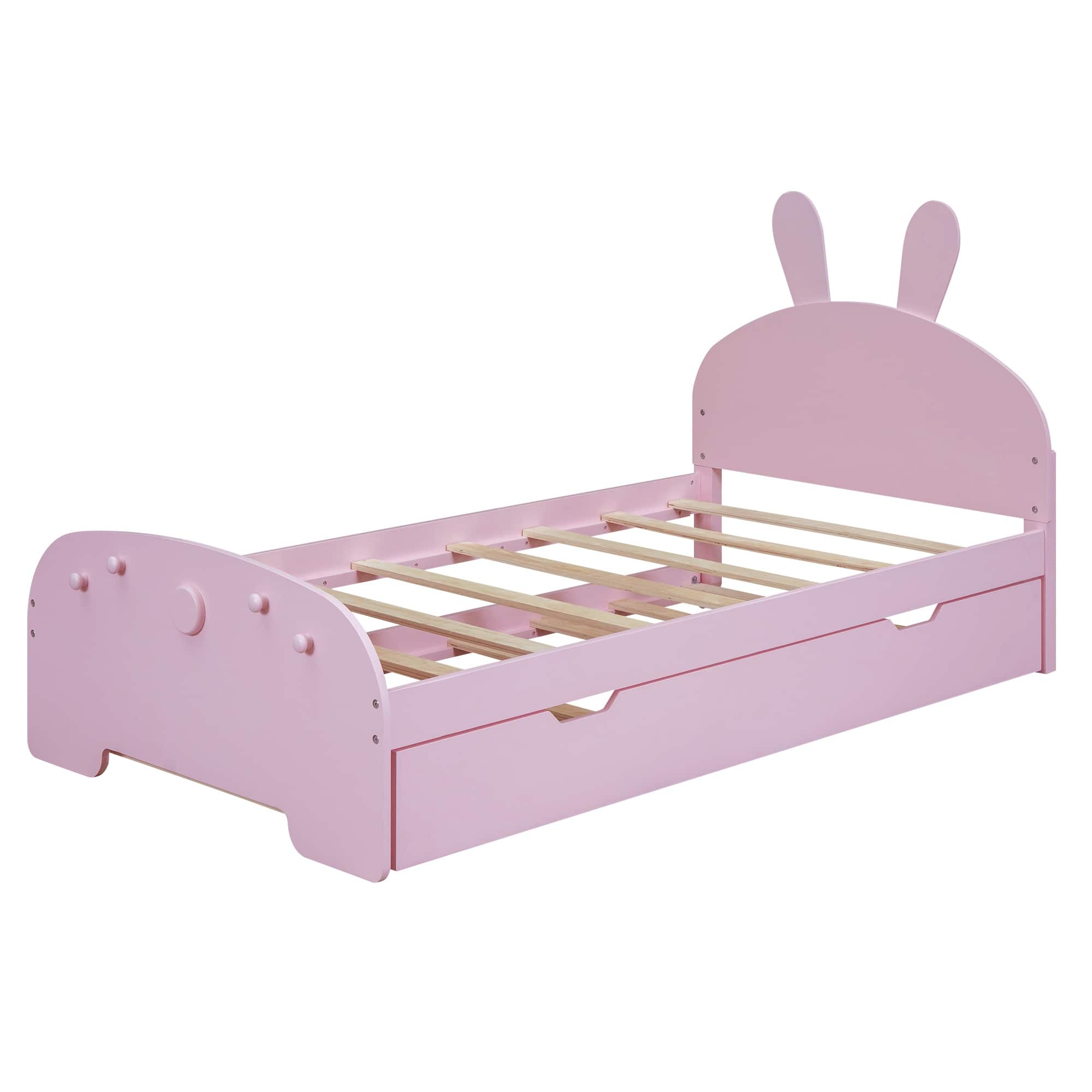 Twin Platform Bed with Trundle for Kids, Wood Bed Frame w/Cartoon Ears ...