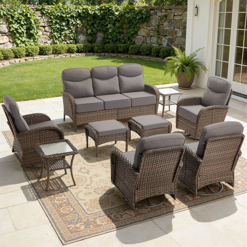 Luna 9-Piece Wicker Patio Conversation Set with Swivel Gliders and 6-Inch Thick Olefin Cushions - Gray Cushions - Brown Wicker