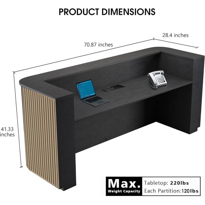 WESOME 70.87in Black Mid Century Curved Reception Desk with Outlet Cable Box LED Light