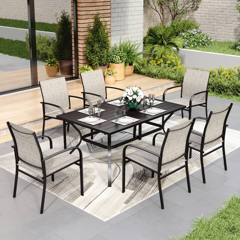 MAISON ARTS Patio Dining Set 7 Piece Metal Rectangle Table and 6 Textilene Chairs