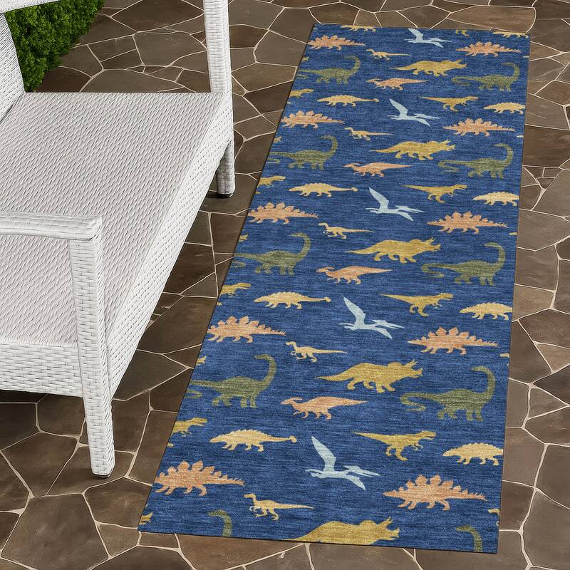 Machine Washable Indoor/ Outdoor Modern Dinosaur Chantille Rug - Navy - 2'3" x 7'6"