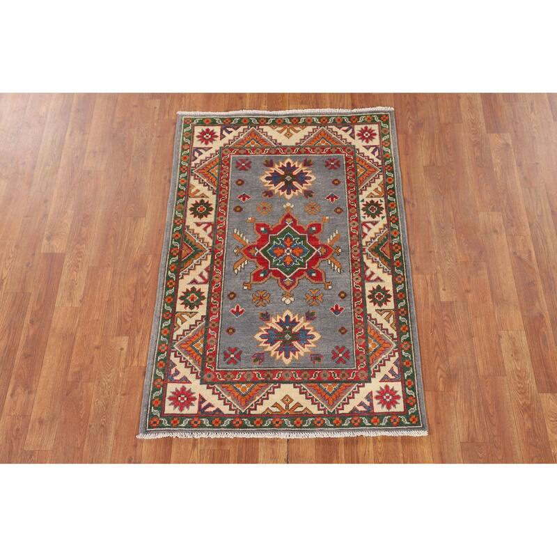 Geometric Kazak Rug Handmade Foyer Wool Carpet - 2'9" x 4'0"